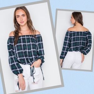 Blue Green Plaid Blouson Top On/Off Shoulder M
